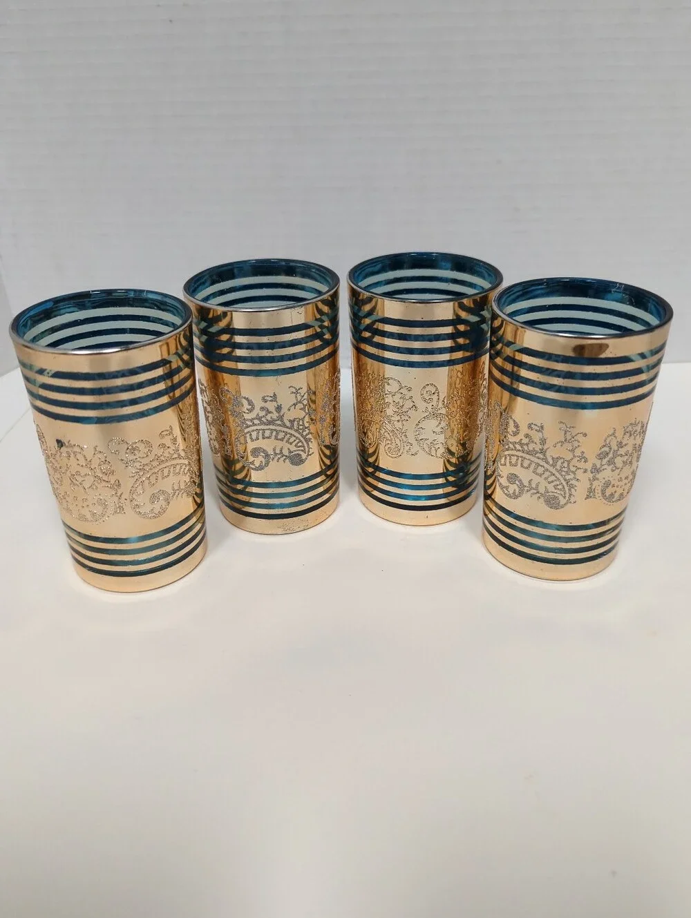 Vintage Dynasty Crown Bar Glasses Gold Leaf Filigree Gilding Set 4